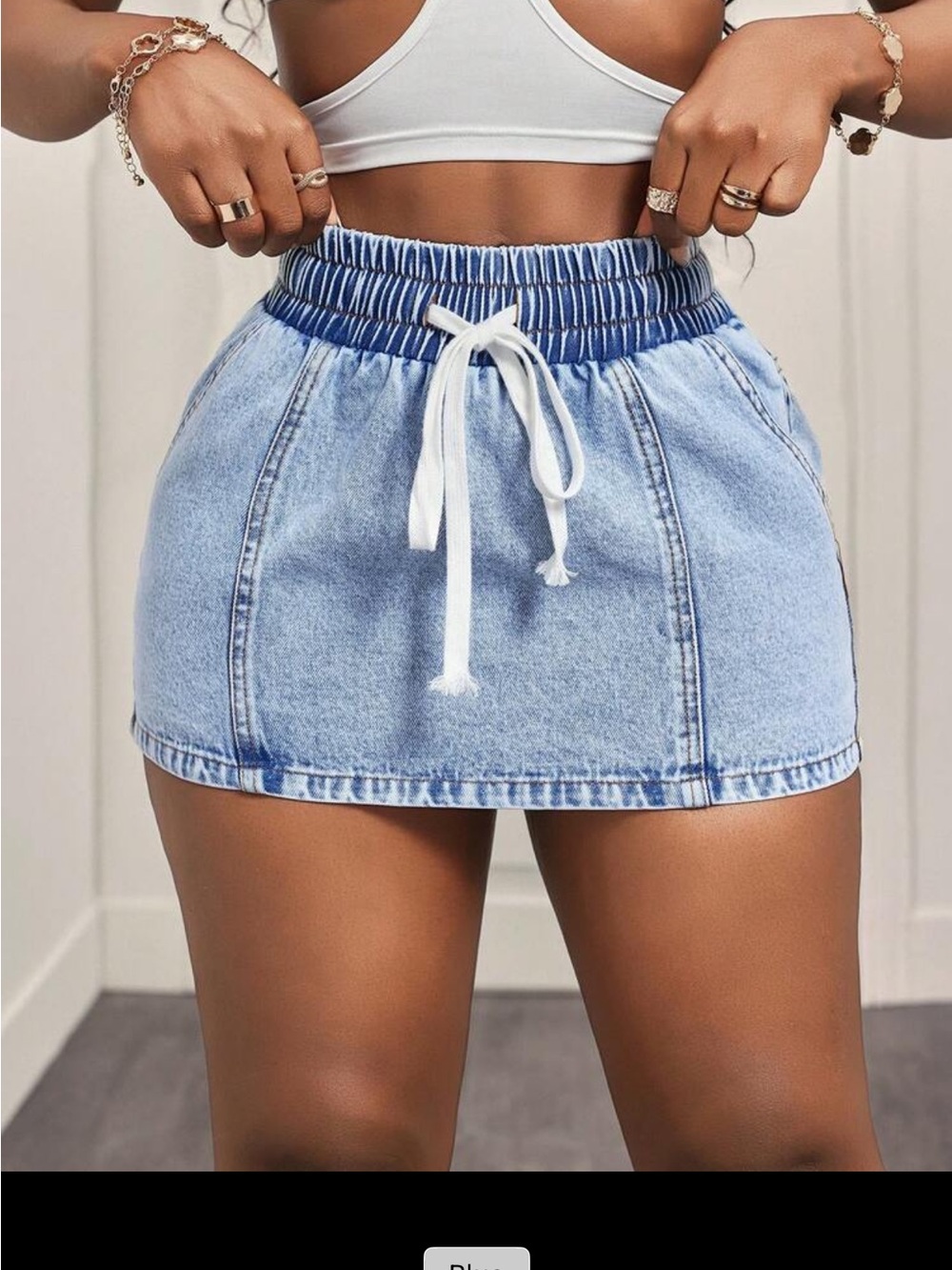 SHEIN Light Blue Denim Drawstring Mini Skirt